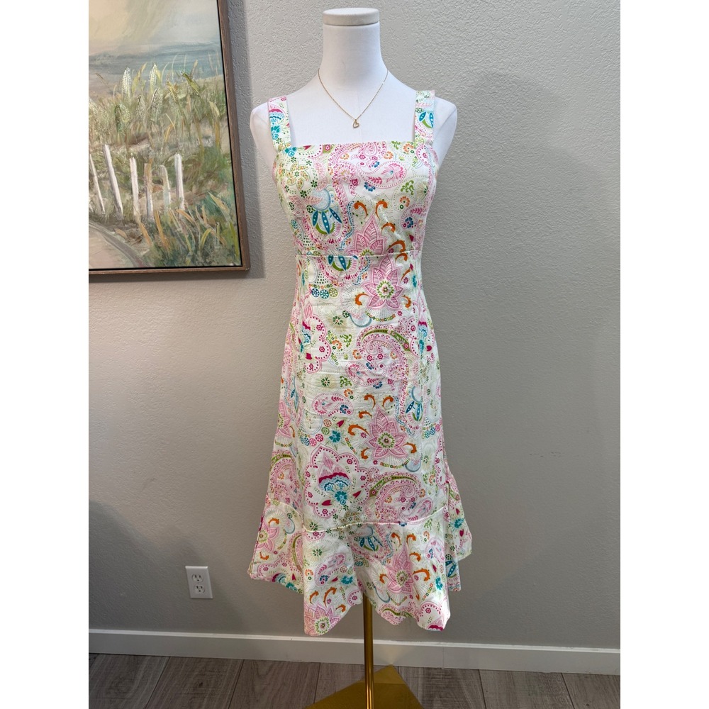 Karin Stevens Y2K Paisley Cotton Sundress Pink Floral Ruffle Hem Size 10
